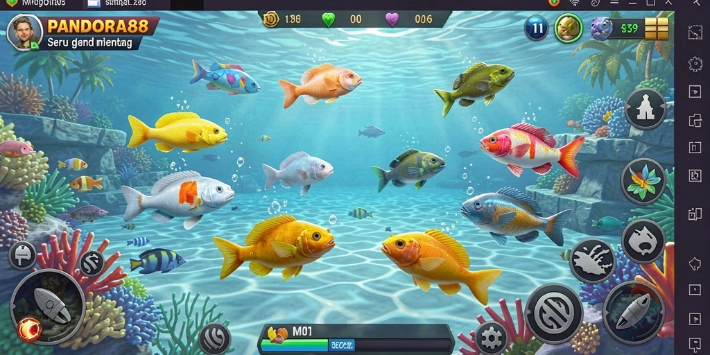Screenshot gameplay PANDORA88 menampilkan aksi seru menembak ikan.