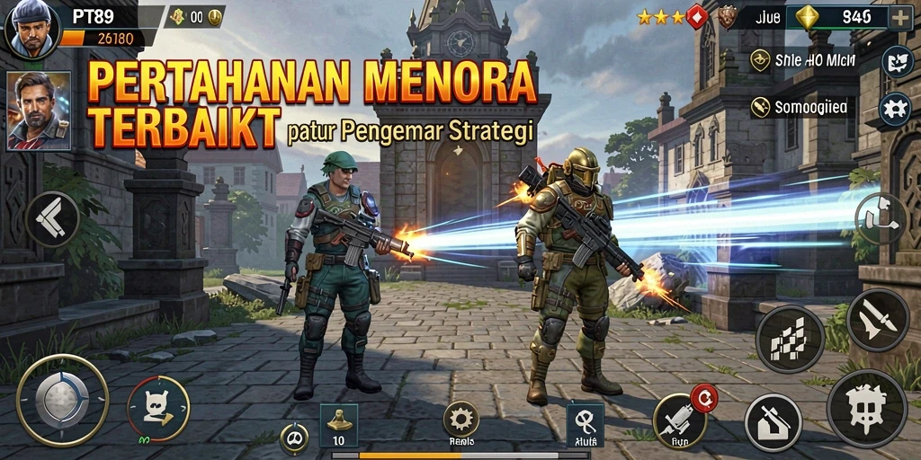Screenshot gameplay PT89 yang menampilkan menara dan serangan musuh.