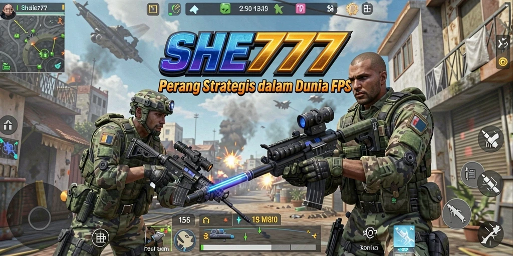 Screenshot utama SHE777 menunjukkan aksi seru dalam gameplay FPS.