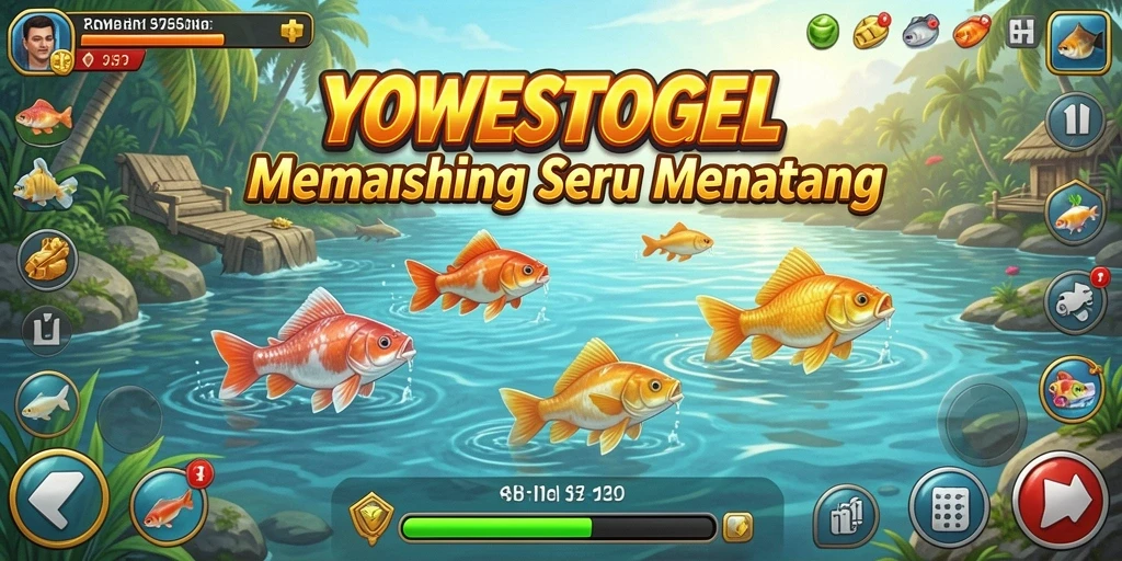 Screenshot gameplay YOWESTOGEL menampilkan pemain sedang memancing di danau yang indah.